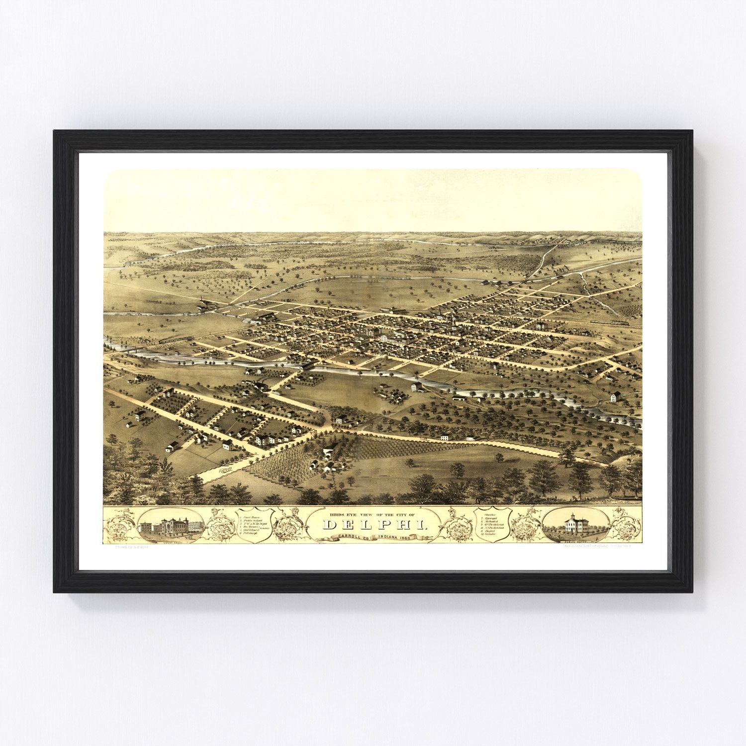 vintage map of delphi, indiana, 1868