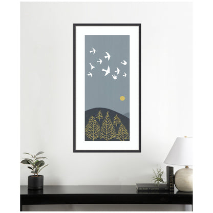 Framed Art Hilltop Flight Linocut Bird by Giuliana Lazzerini