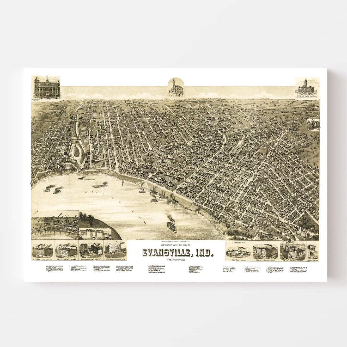 Vintage Map of Evansville, Indiana, 1888