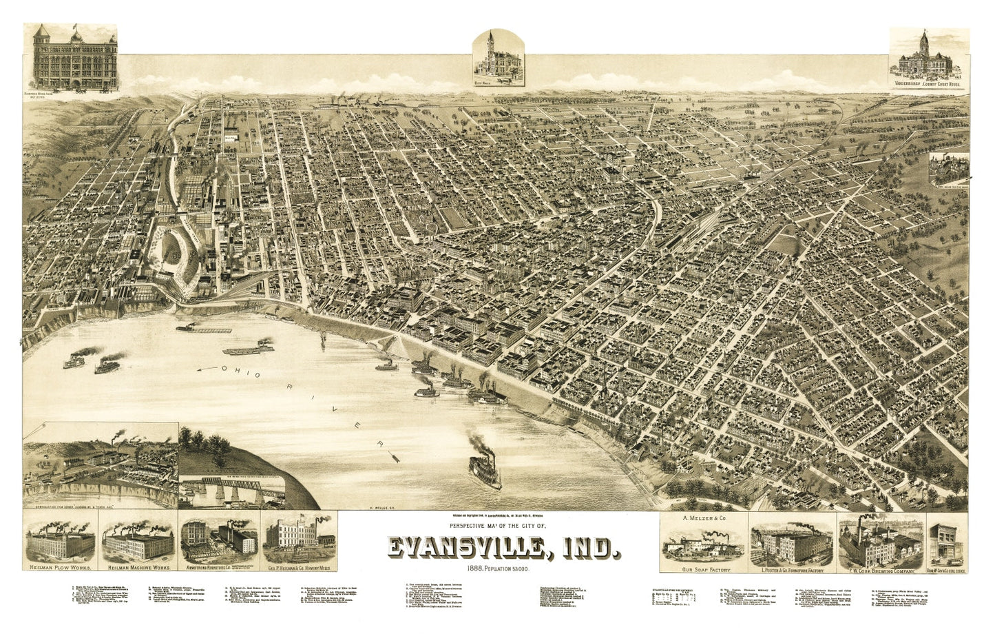 Vintage Map of Evansville, Indiana, 1888