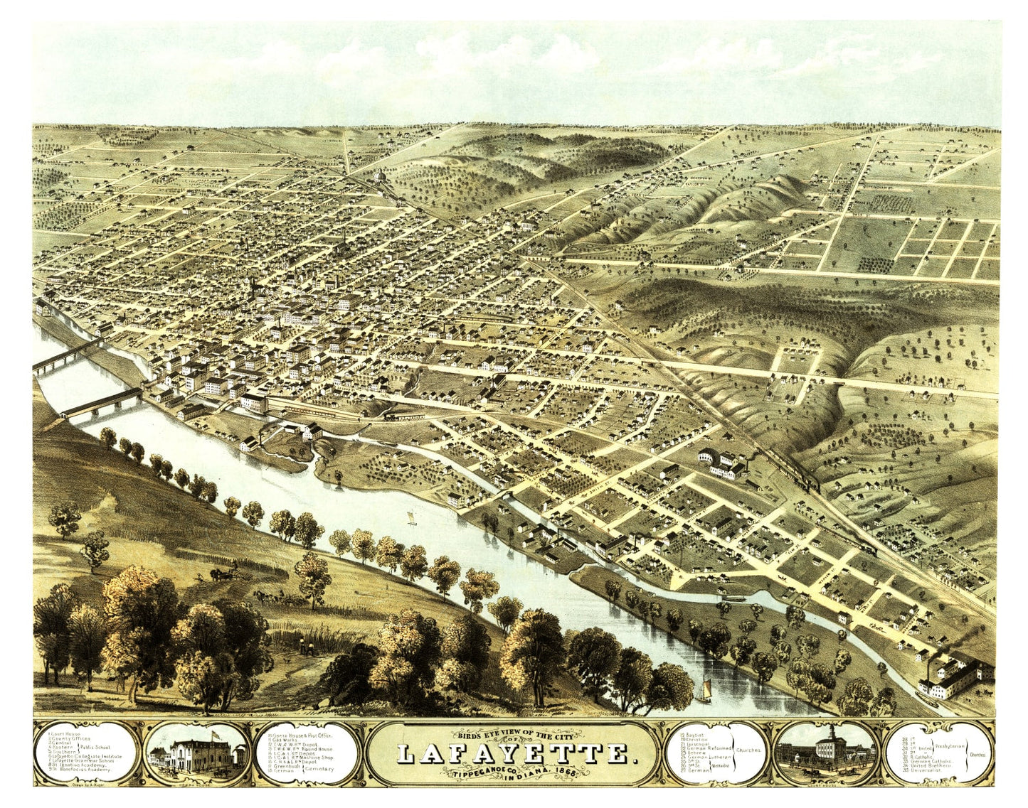Vintage Map of Lafayette, Indiana, 1868