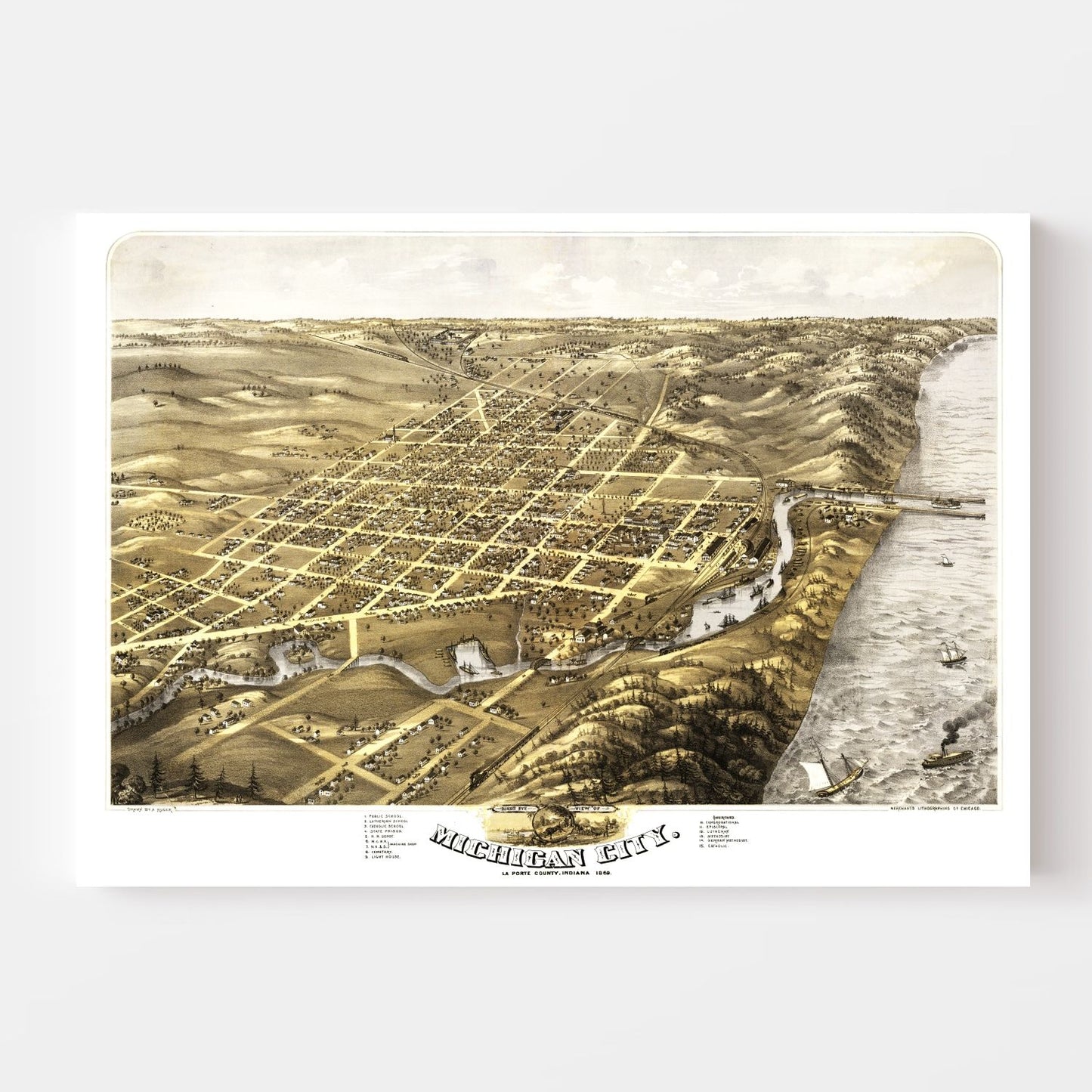 Vintage Map of Michigan City, Indiana, 1869