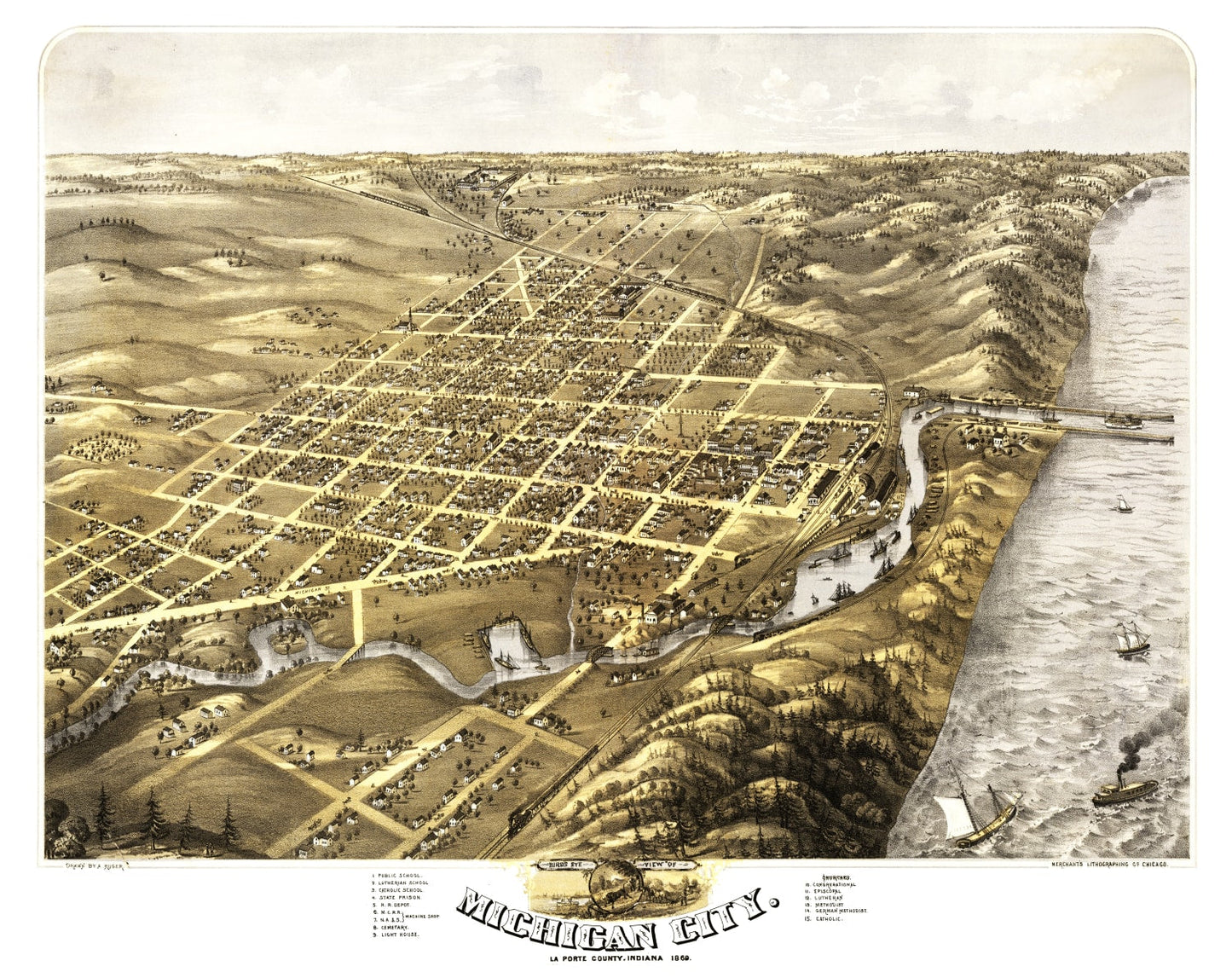 Vintage Map of Michigan City, Indiana, 1869