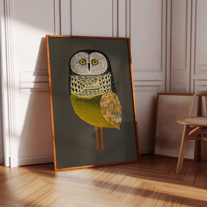 Stylized Owl Wall Art - Golden Feather Bird Print