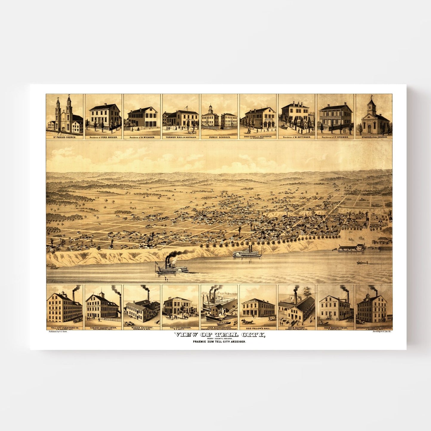 Vintage Map of Tell City, Indiana, 1870