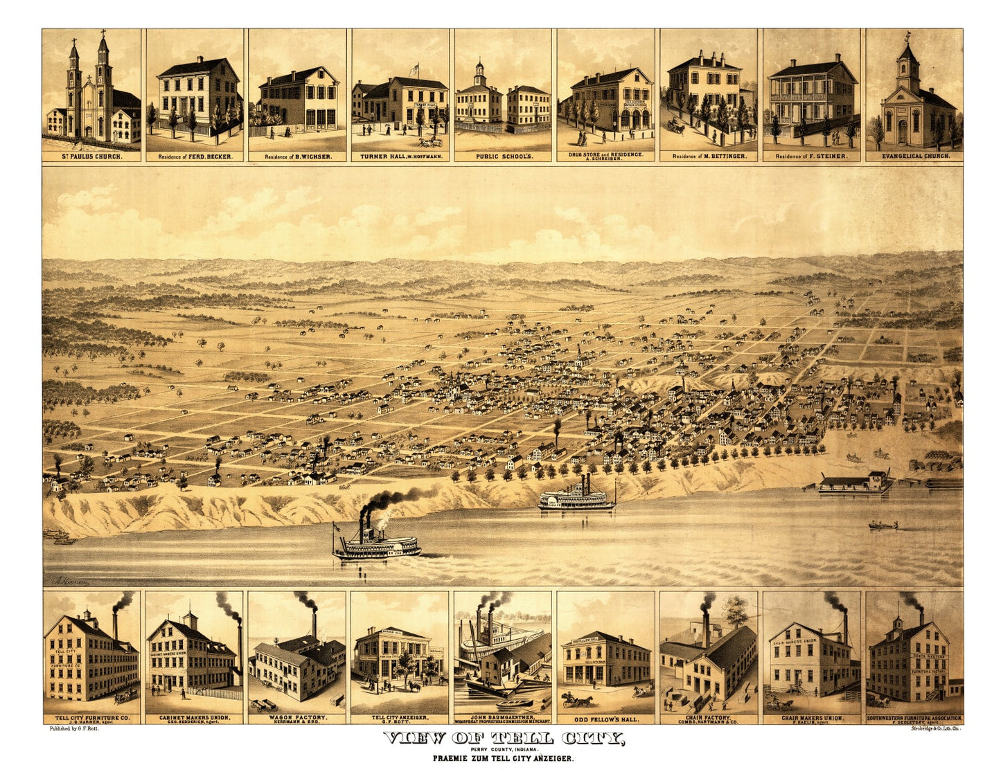 Vintage Map of Tell City, Indiana, 1870