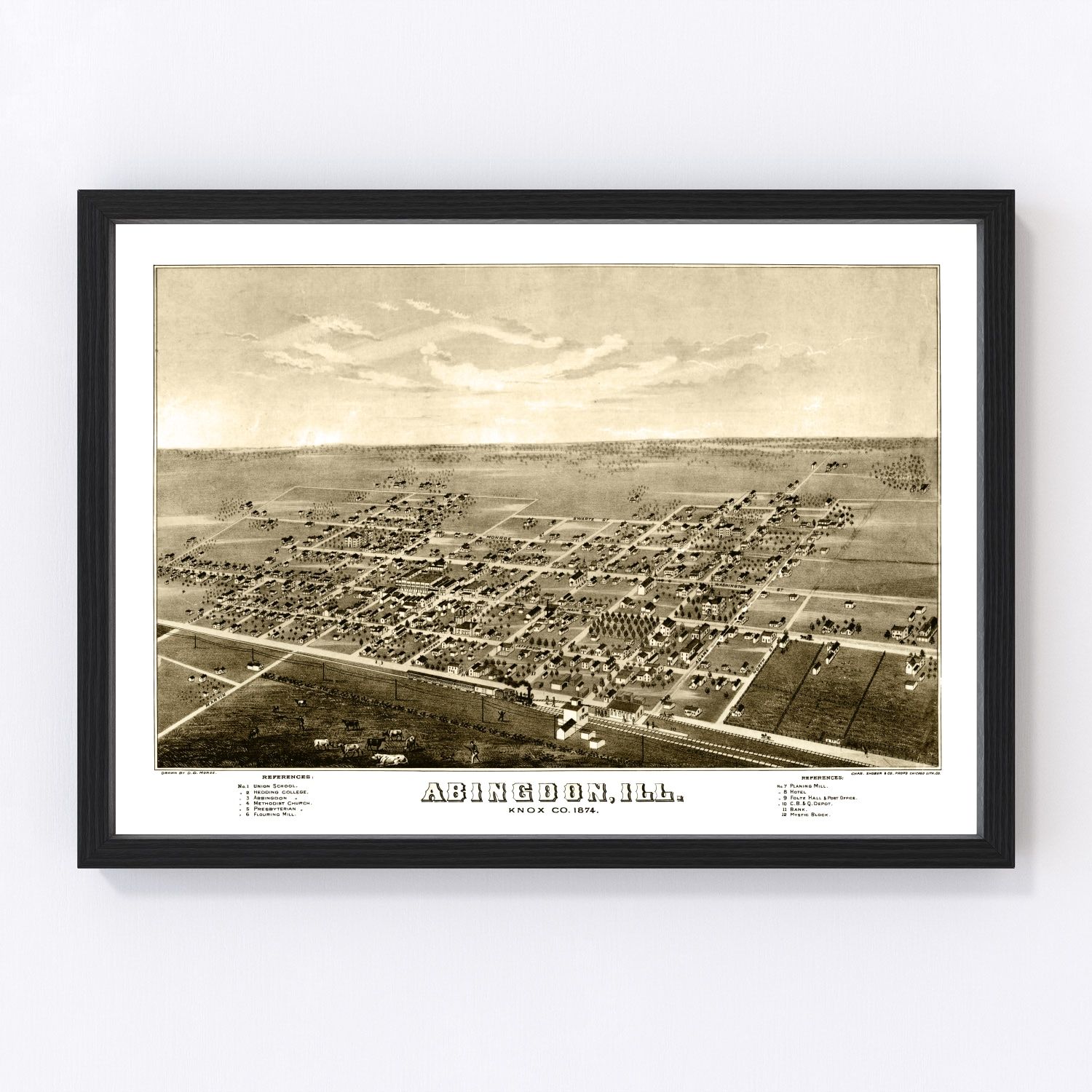 Vintage map of Abingdon, Illinois, 1874 - restored Knox County atlas survey print