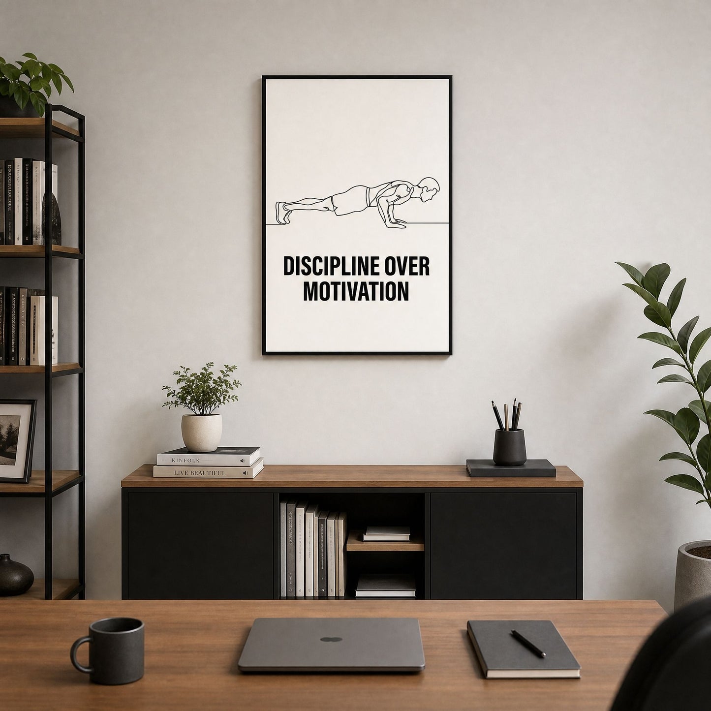 Framed print above a dark sideboard holding a laptop, notebook and mug, shelving and plants alongside