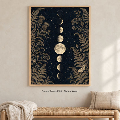Gothic moon phase print in a natural wood frame above a woven rattan bench on a limewash wall