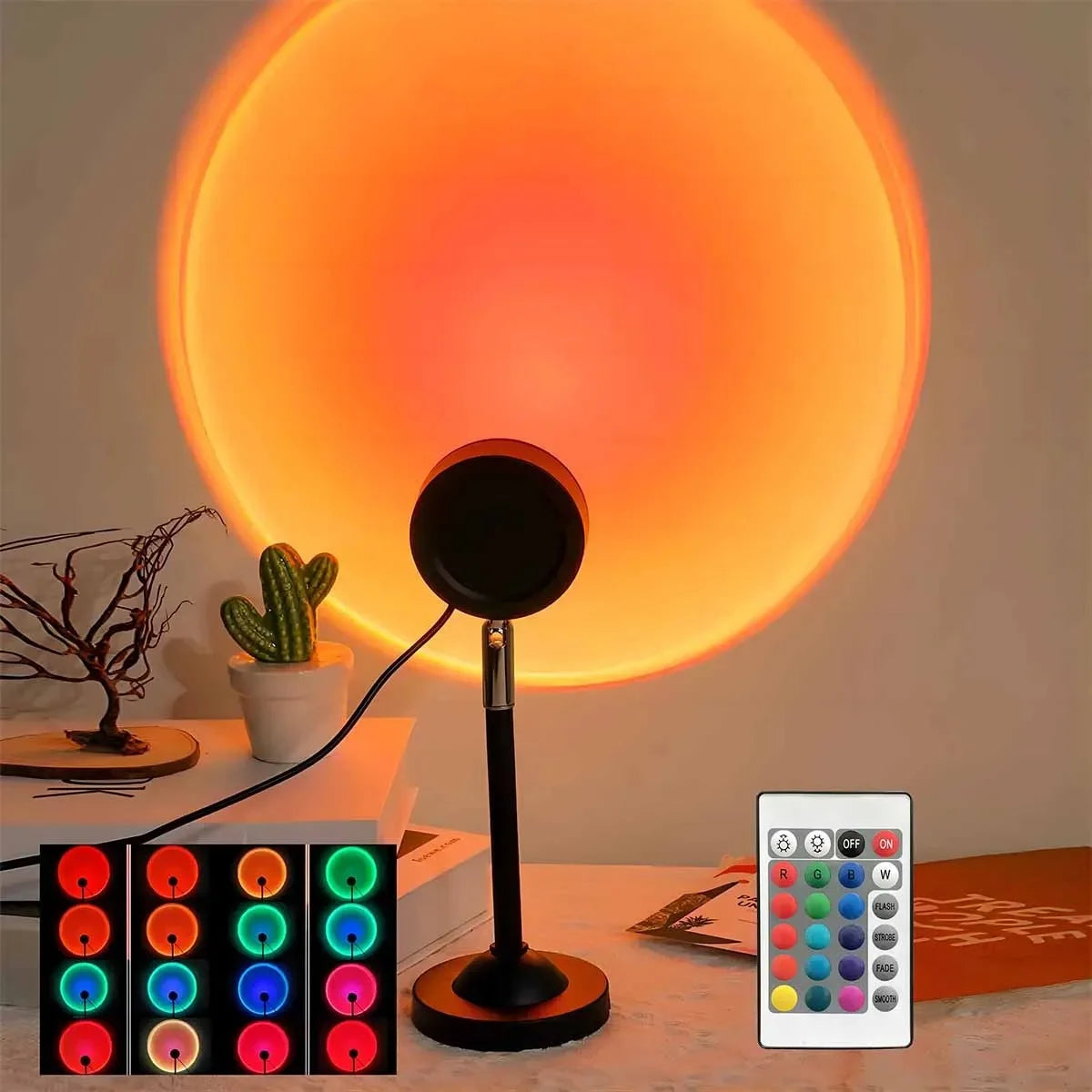 16 color LED sunset projection lamp with 180-degree rotating head on black stand