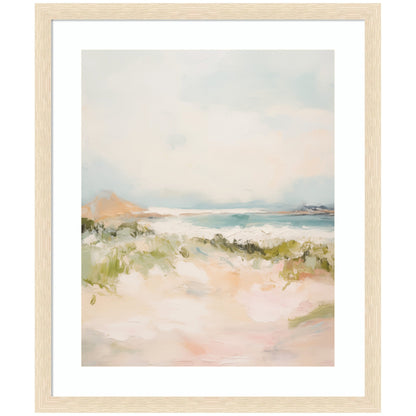 Serene valley landscape with rolling scenery in a wood frame
