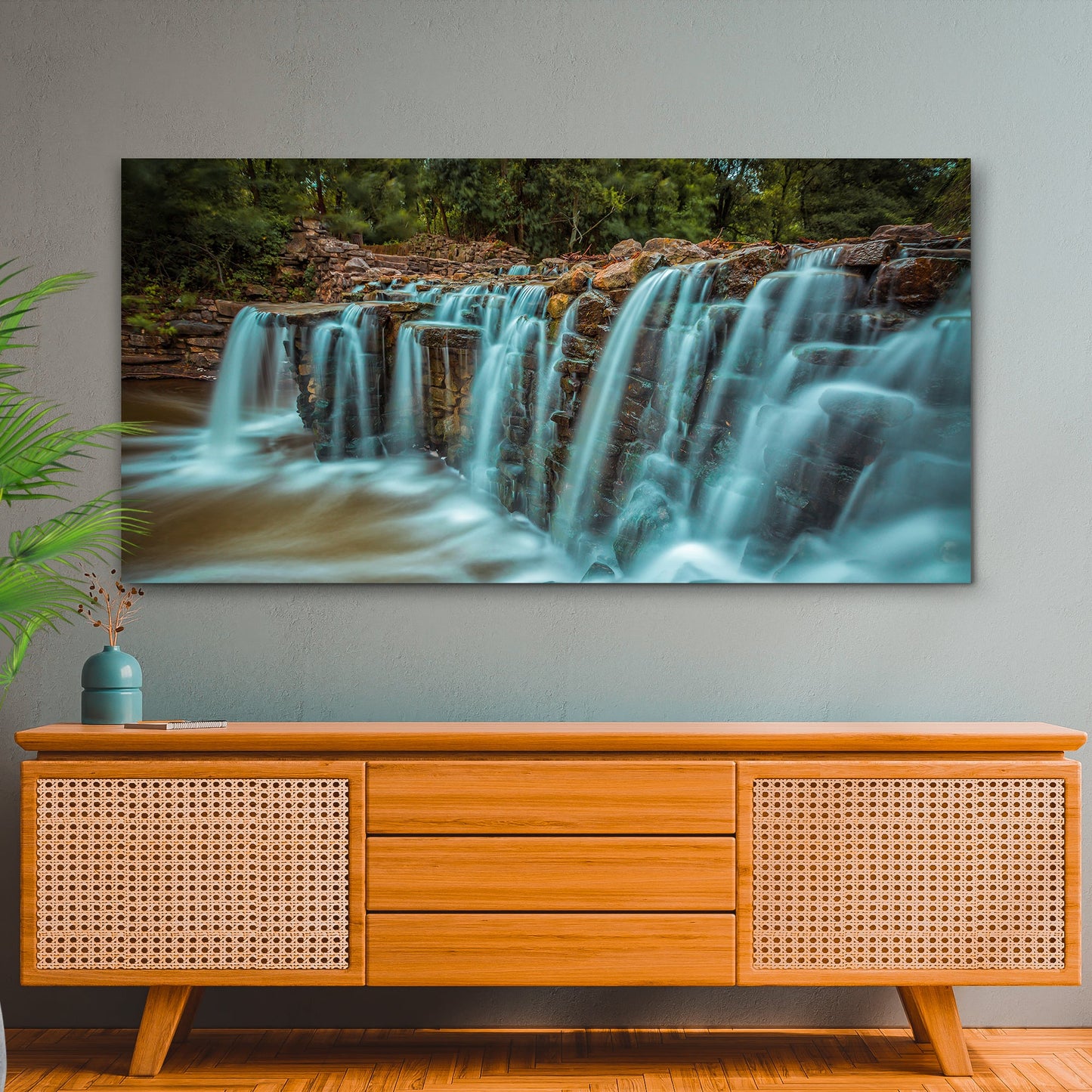 Cascading Waterfall landscape canvas wall art with flowing water and rich natural color
