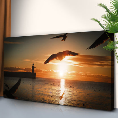 Seagulls over a Sunset Sea canvas shown at an angle, close view of the wrapped edge, view 2
