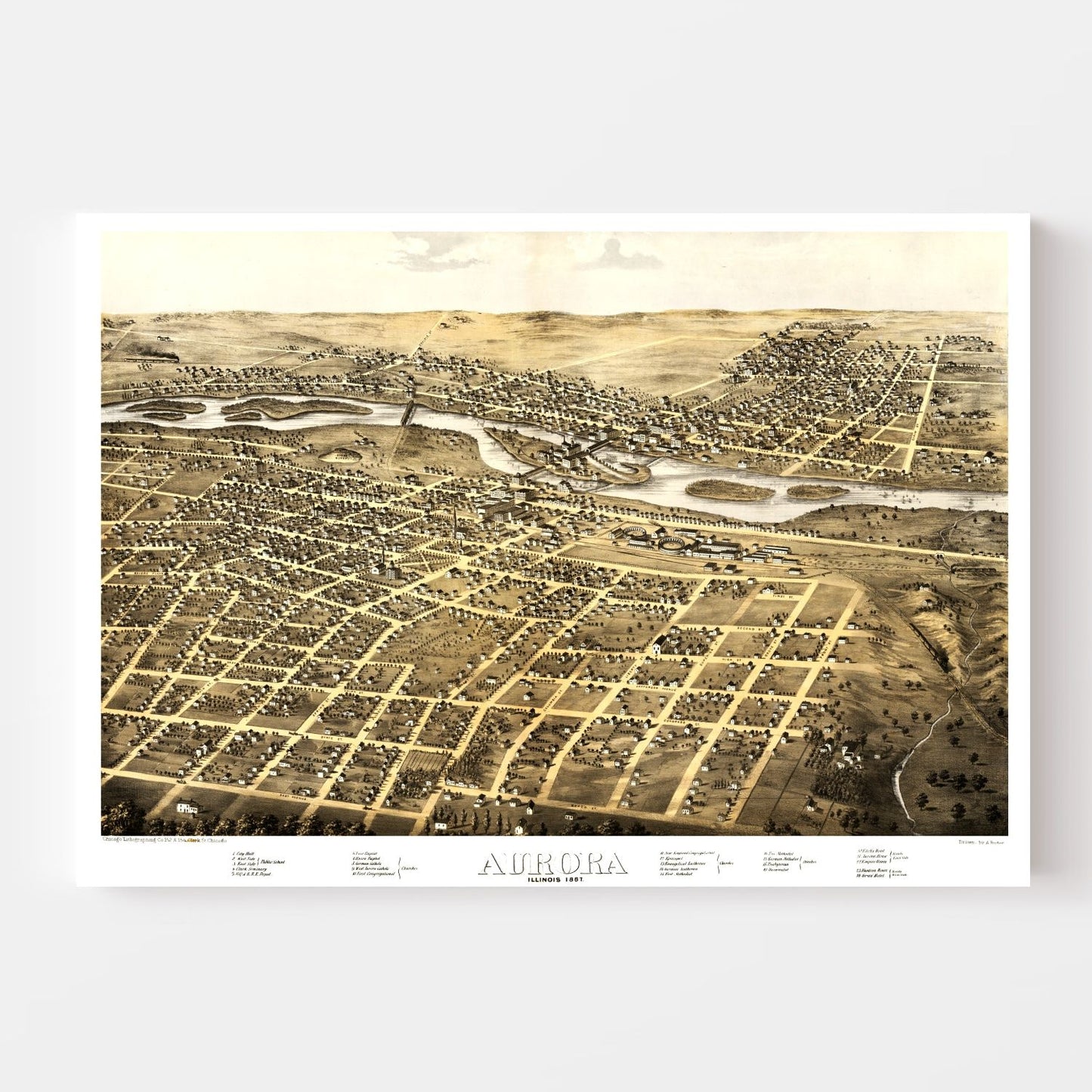 Vintage Map of Aurora, Illinois, 1867