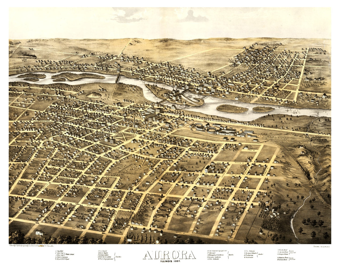 Vintage Map of Aurora, Illinois, 1867