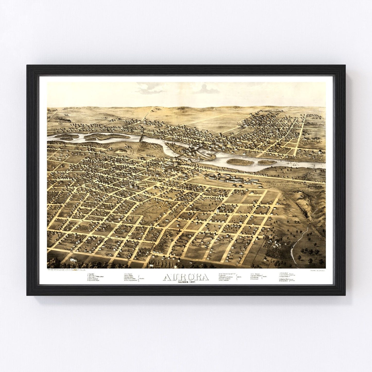 Vintage map of Aurora, Illinois Fox River city post-Civil War, 1867