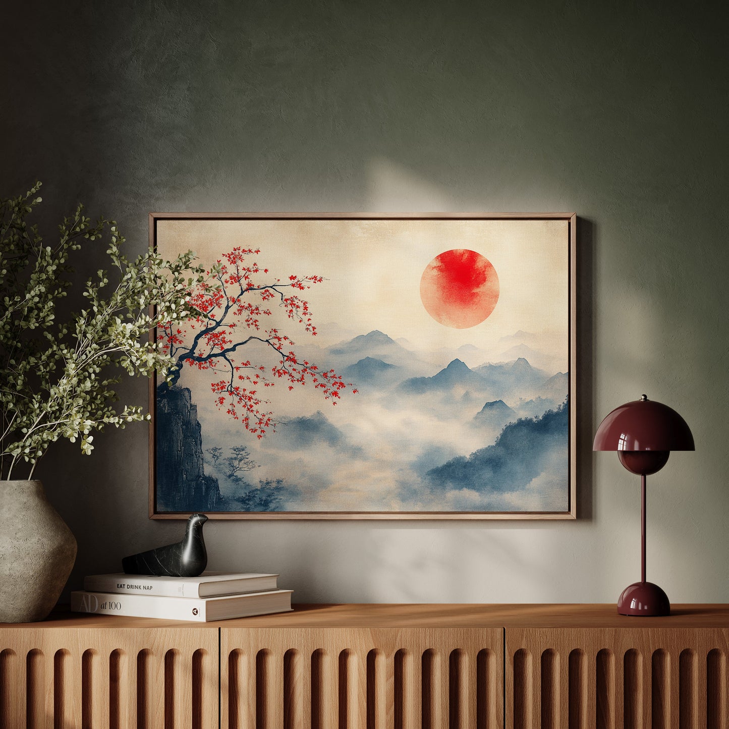 Japanese Red Sun and Misty Mountain Wall Art Print