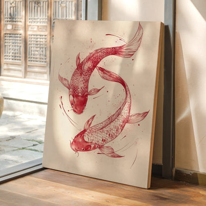 Koi fish minimalist Japanese ink wall art print in red sumi-e style