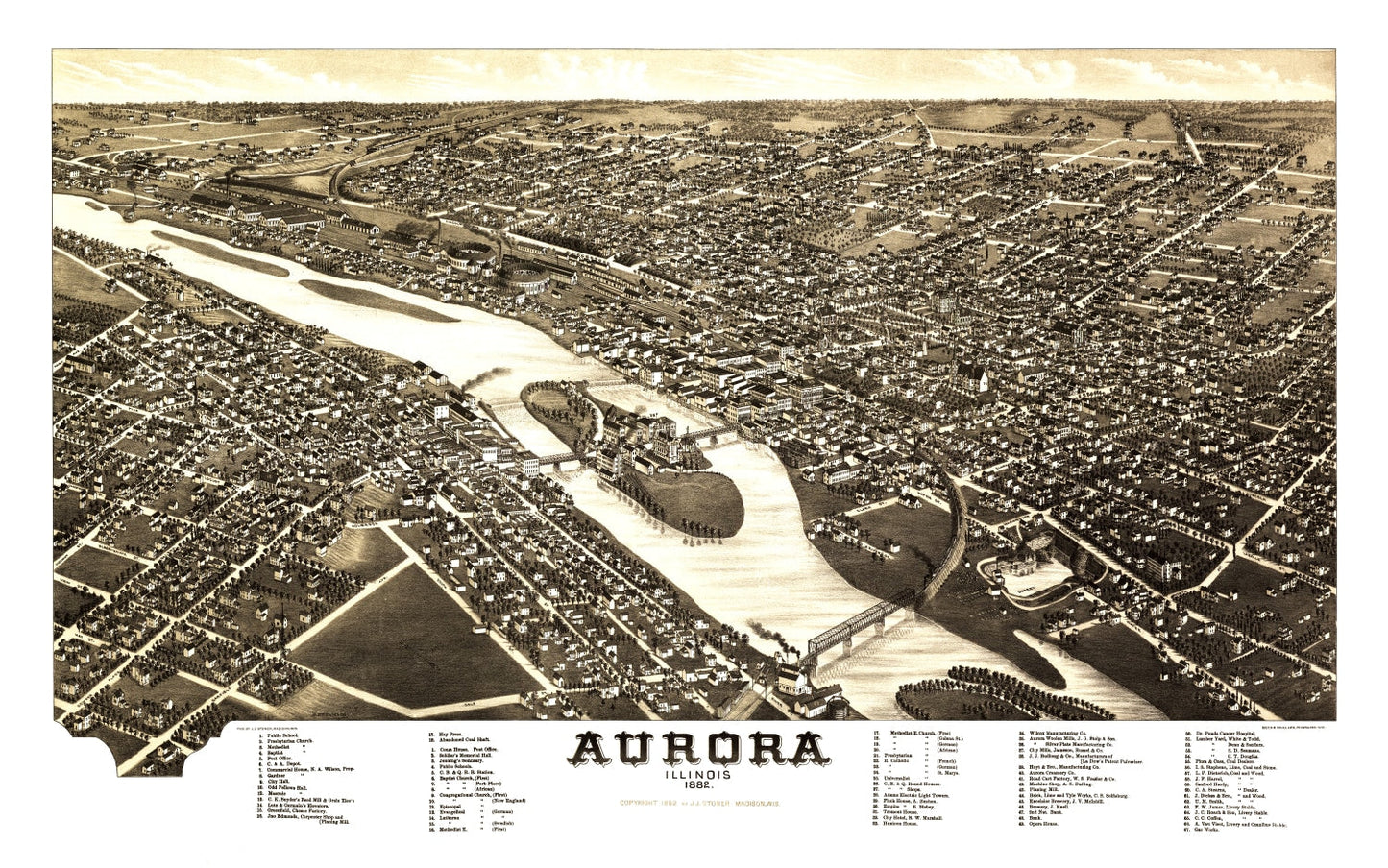 Vintage Map of Aurora, Illinois, 1882