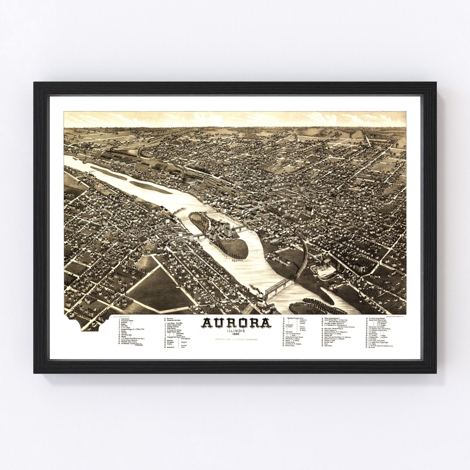 Vintage map of Aurora, Illinois Gilded Age streets and factories, 1882