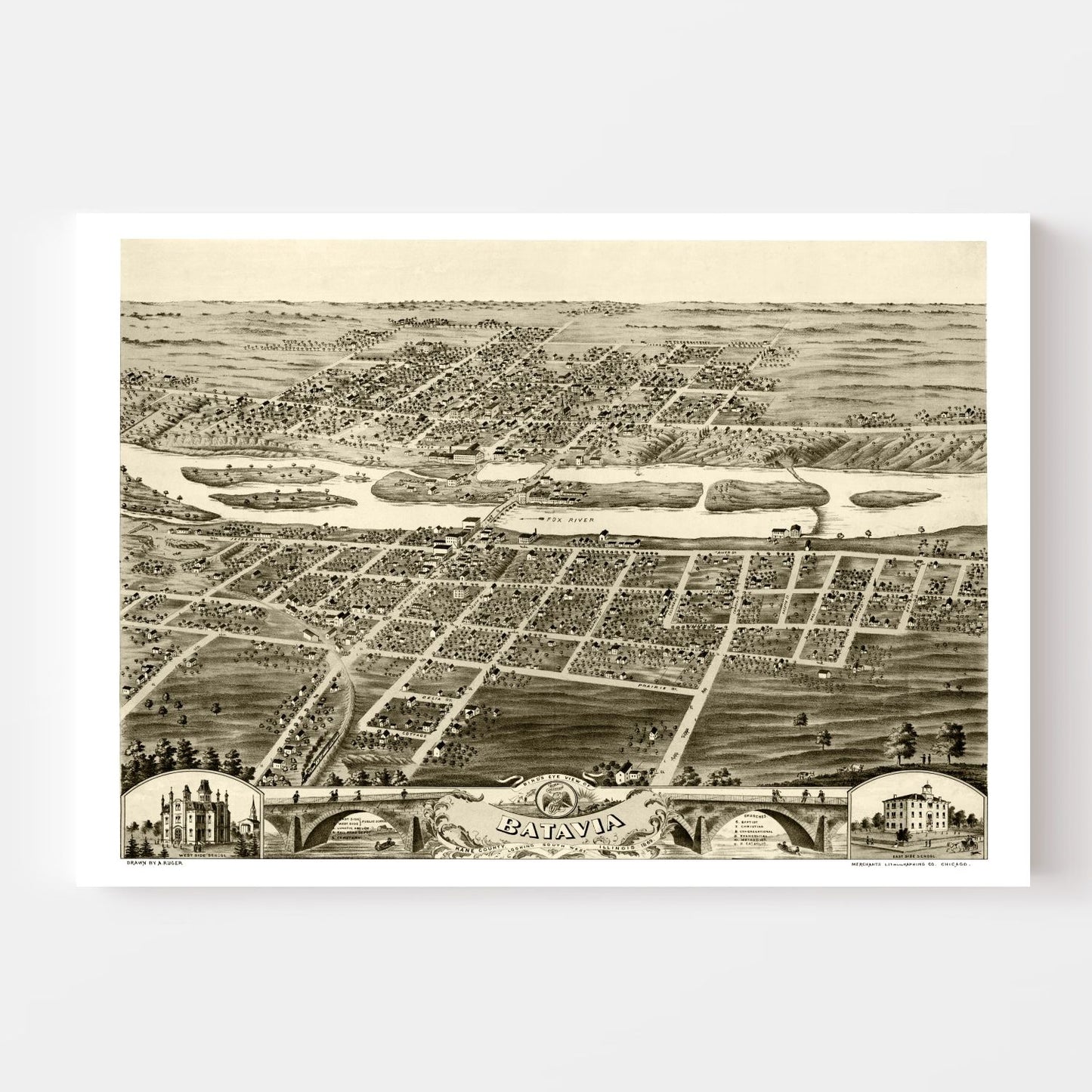 Vintage Map of Batavia, Illinois, 1869