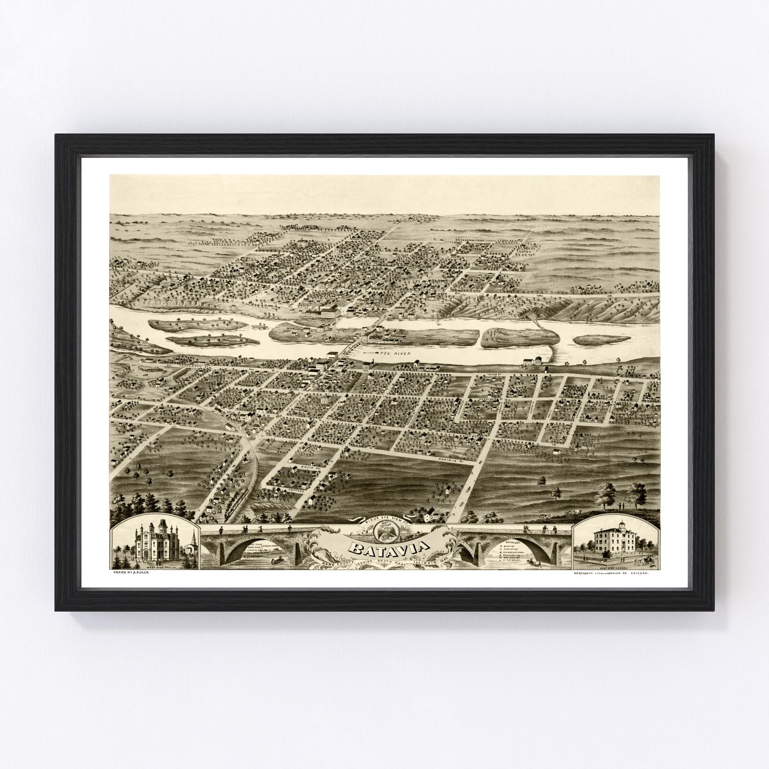 Vintage map of Batavia, Illinois, 1869