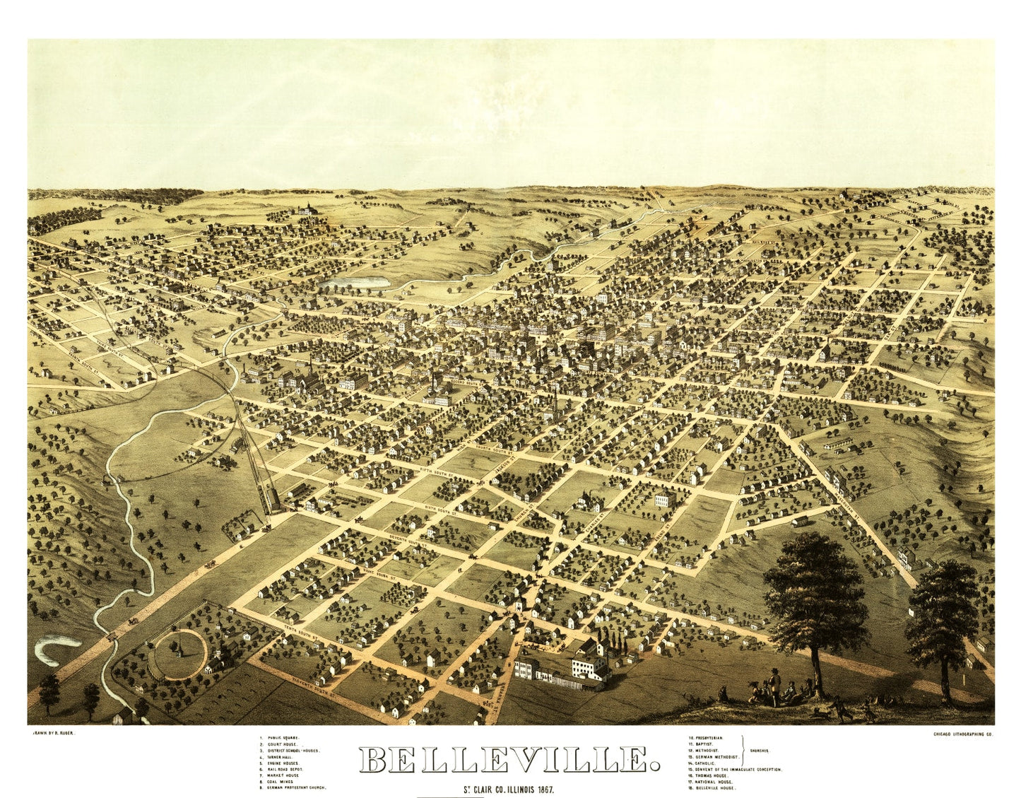 Vintage Map of Belleville, Illinois, 1867