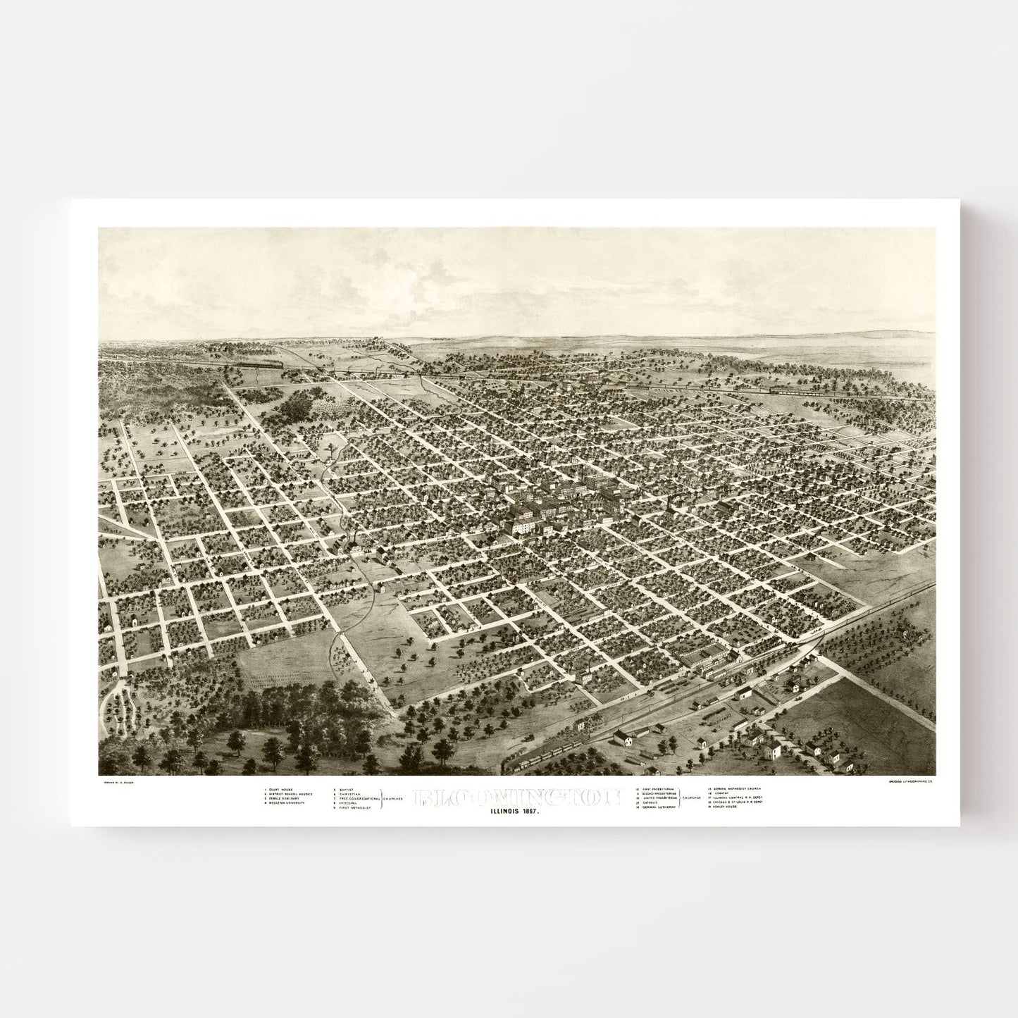 Vintage Map of Bloomington, Illinois, 1867