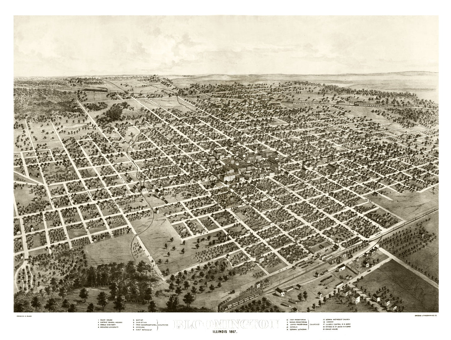 Vintage Map of Bloomington, Illinois, 1867