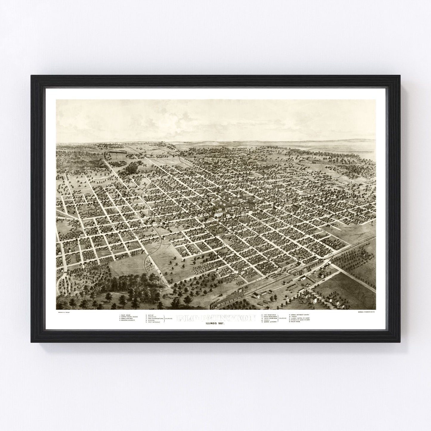 Vintage map of Bloomington, Illinois, 1867