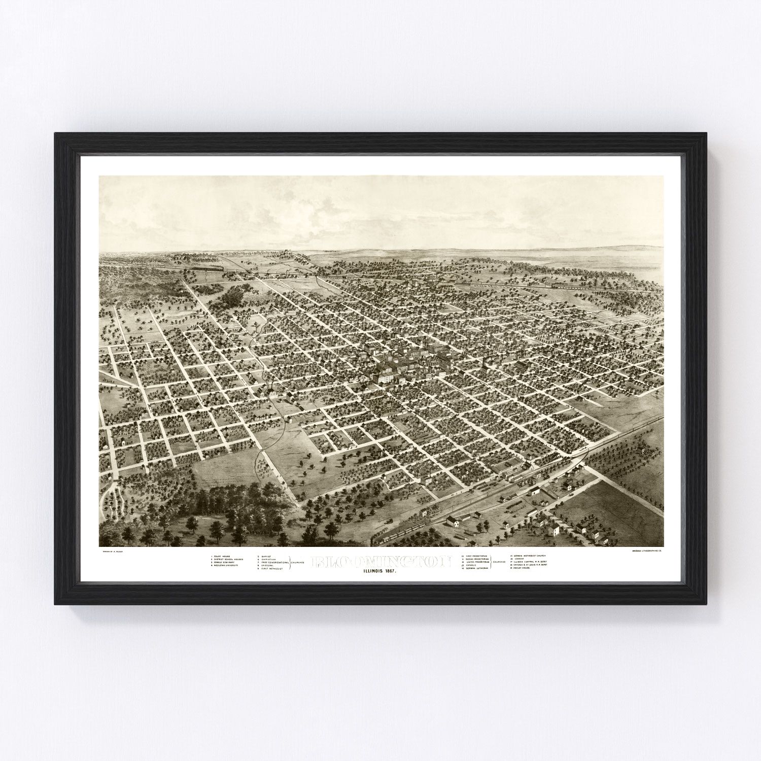 Vintage map of Bloomington, Illinois, 1867
