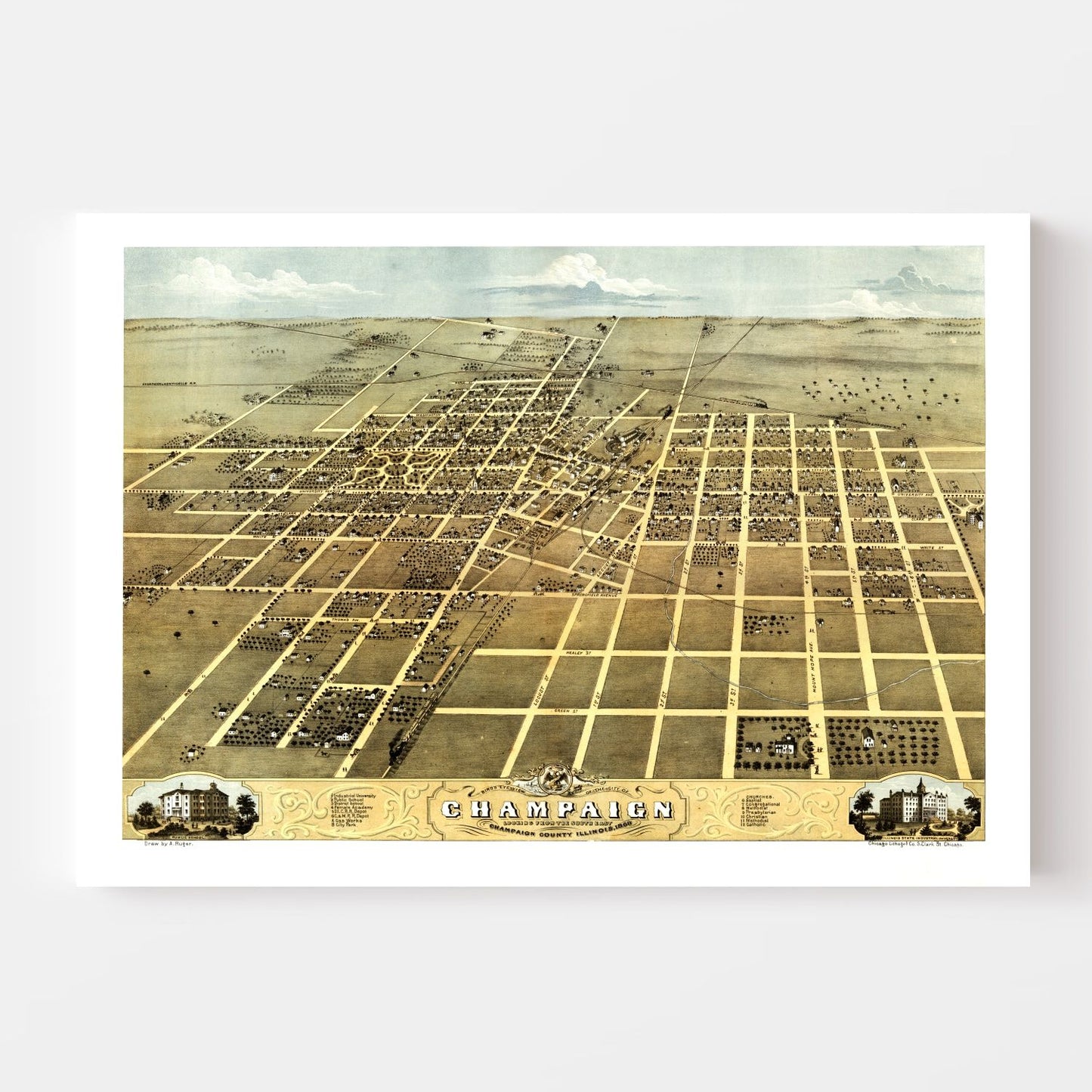 Vintage Map of Champaign, Illinois, 1869 Wall Art