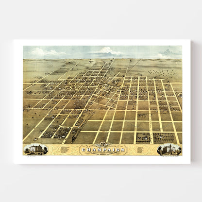 Vintage Map of Champaign, Illinois, 1869 Wall Art