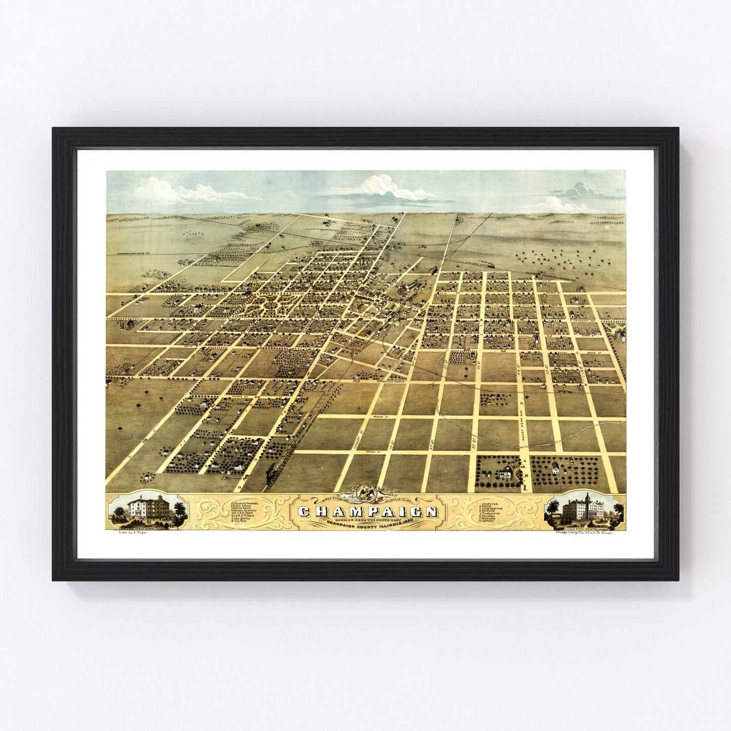 Vintage map of Champaign, Illinois, 1869, digitally restored antique cartographic print
