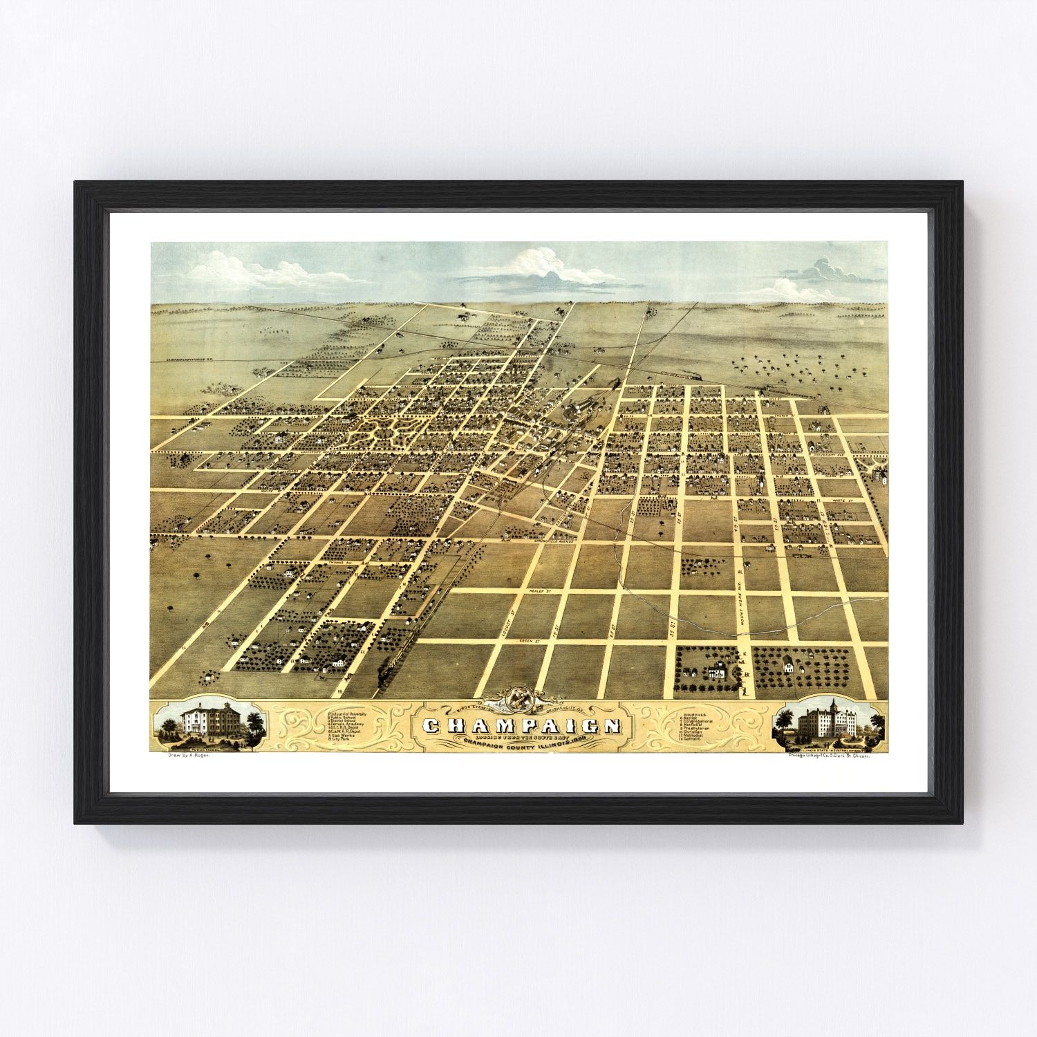 Vintage map of Champaign, Illinois, 1869, digitally restored antique cartographic print