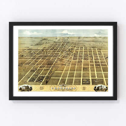 Vintage map of Champaign, Illinois, 1869, digitally restored antique cartographic print