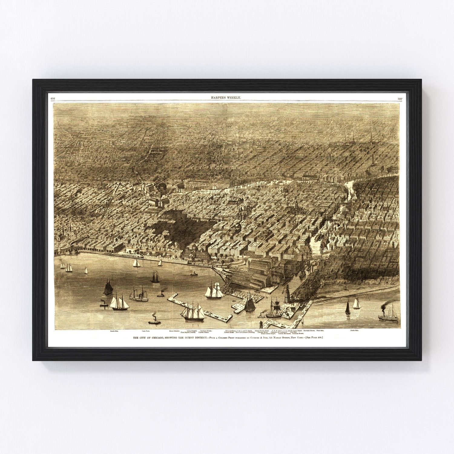 Vintage map of Chicago, Illinois, 1874, second edition, digitally restored