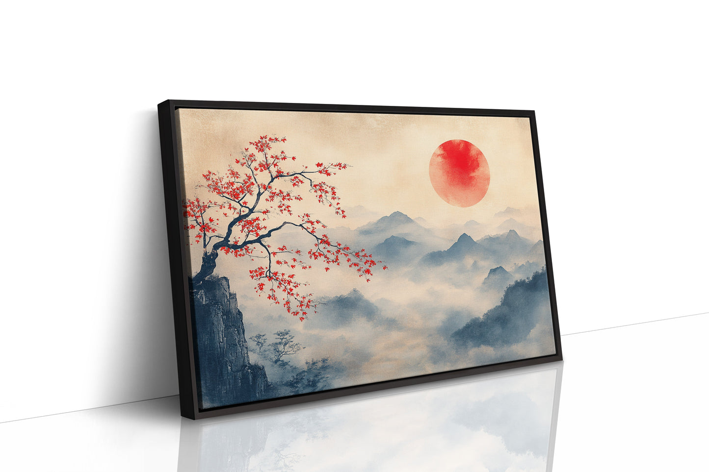Japanese Red Sun and Misty Mountain Wall Art Print