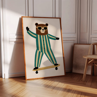 Cool Bear on Skateboard Retro Kids Wall Art