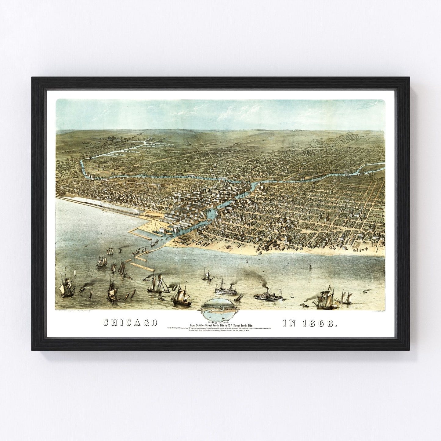 Vintage restored map of Chicago, Illinois, 1868, Cook and DuPage Counties, pre-Great Fire