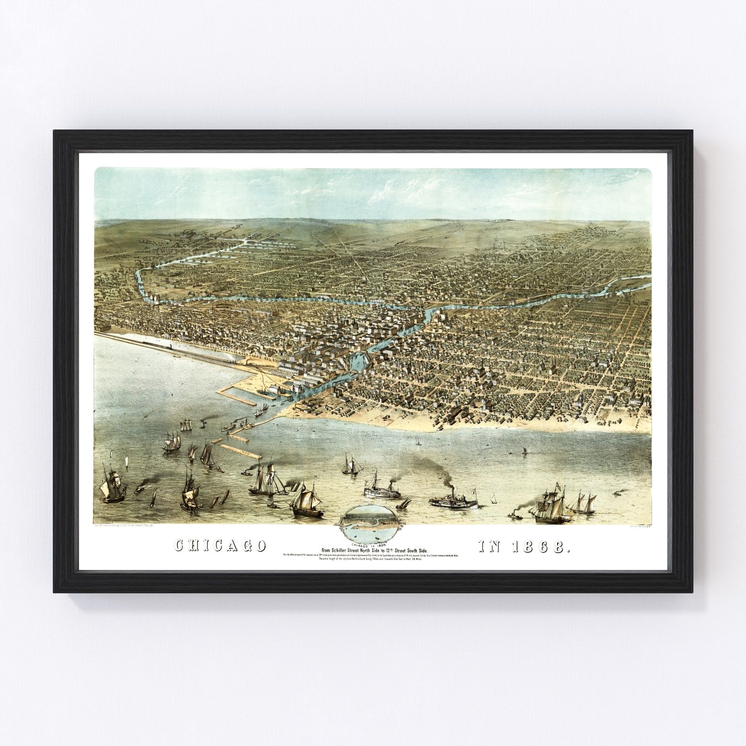 Vintage restored map of Chicago, Illinois, 1868, Cook and DuPage Counties, pre-Great Fire