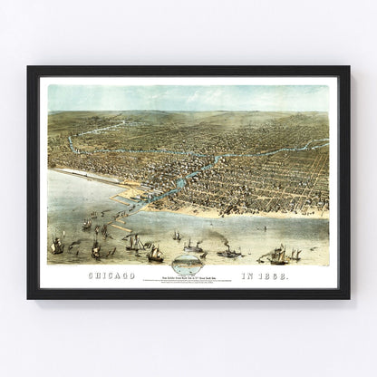 Vintage restored map of Chicago, Illinois, 1868, Cook and DuPage Counties, pre-Great Fire