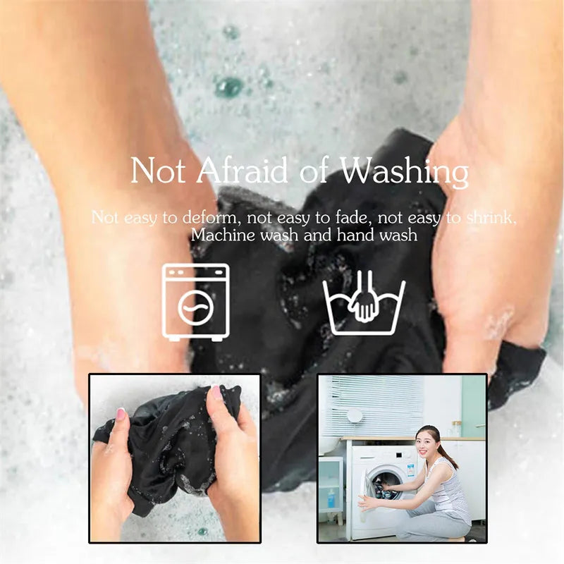 Person washing a black heated jacket with text about its washability properties.