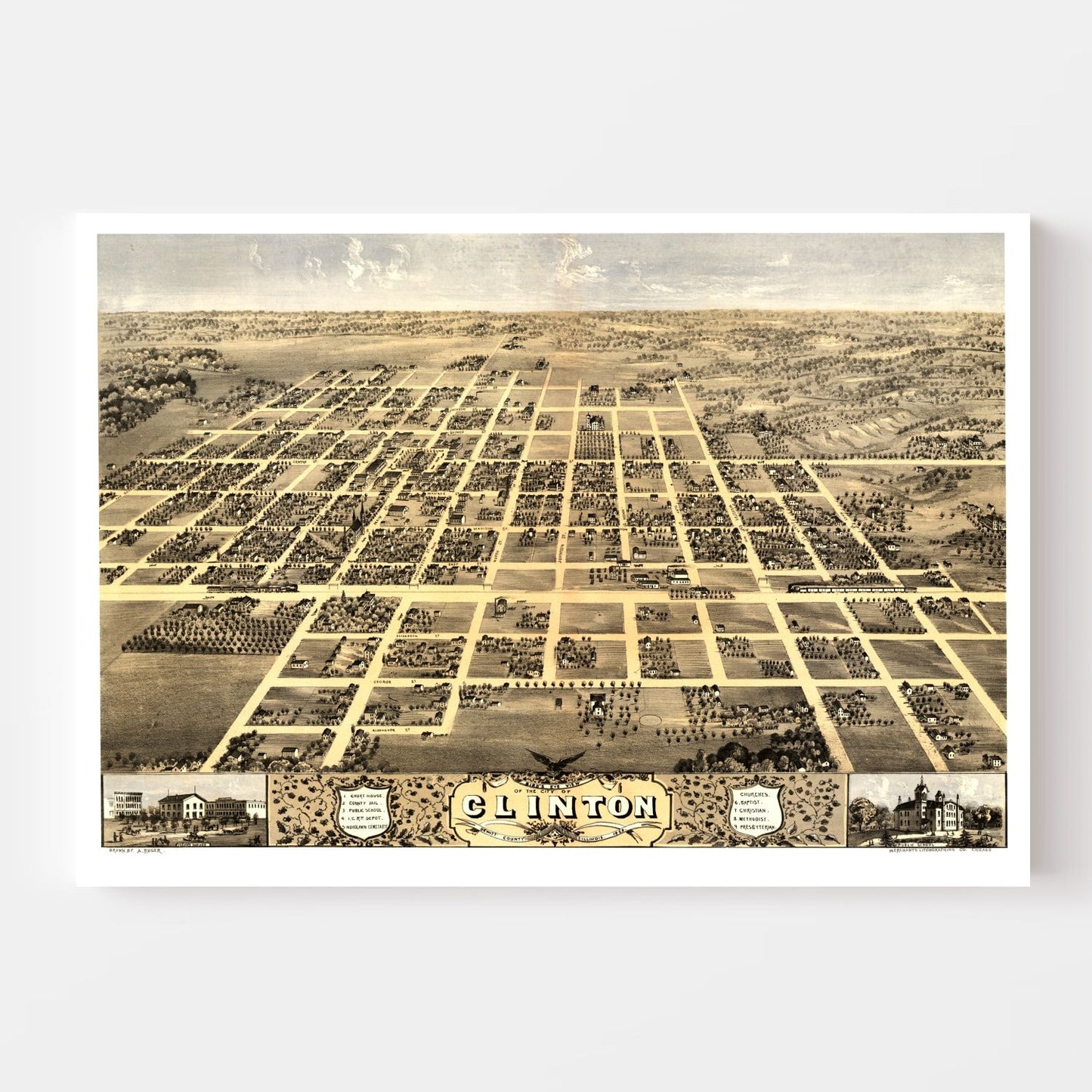 Vintage Map of Clinton, Illinois, 1869
