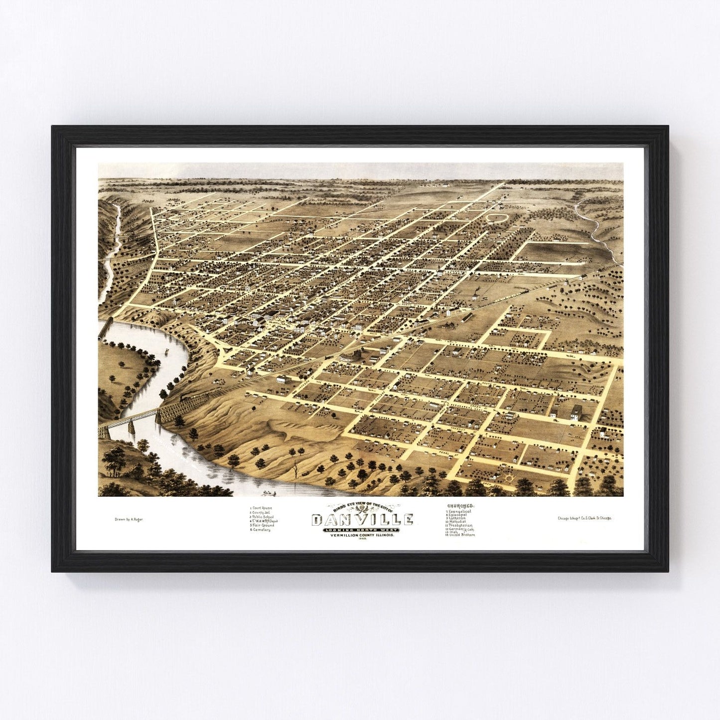 Vintage map of Danville, Illinois, 1869