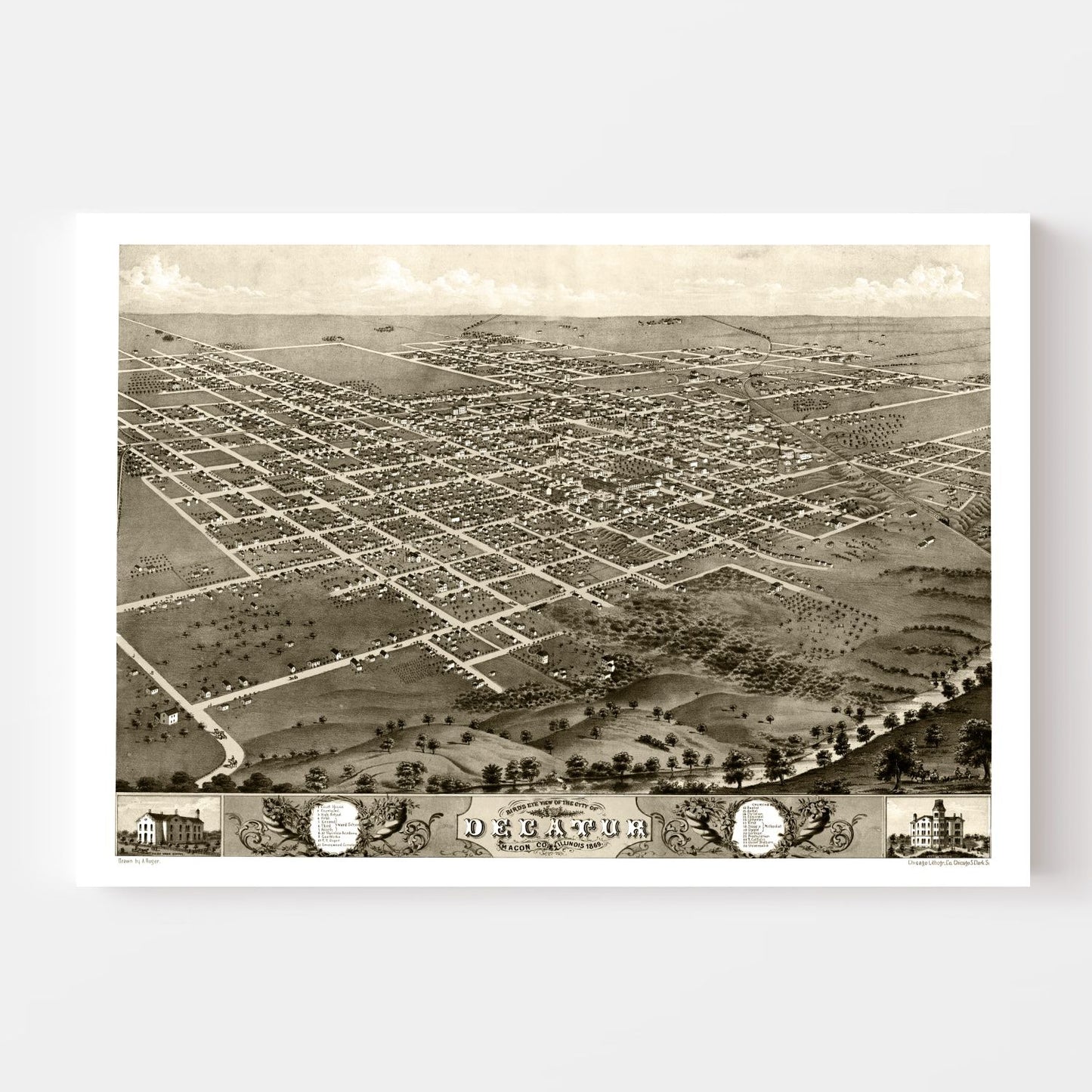 Vintage Map of Decatur, Illinois 1869