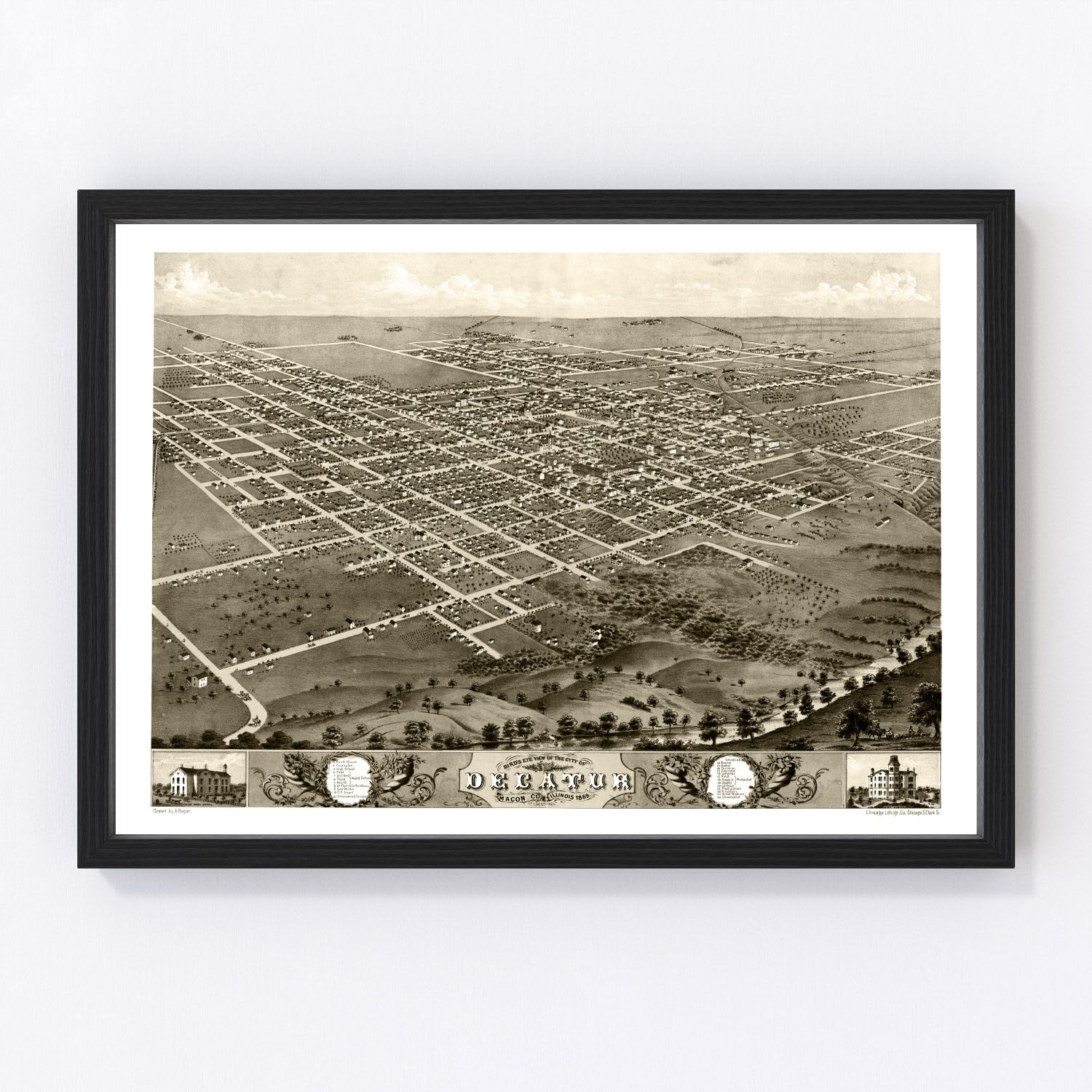 Vintage map of Decatur, Illinois, 1869