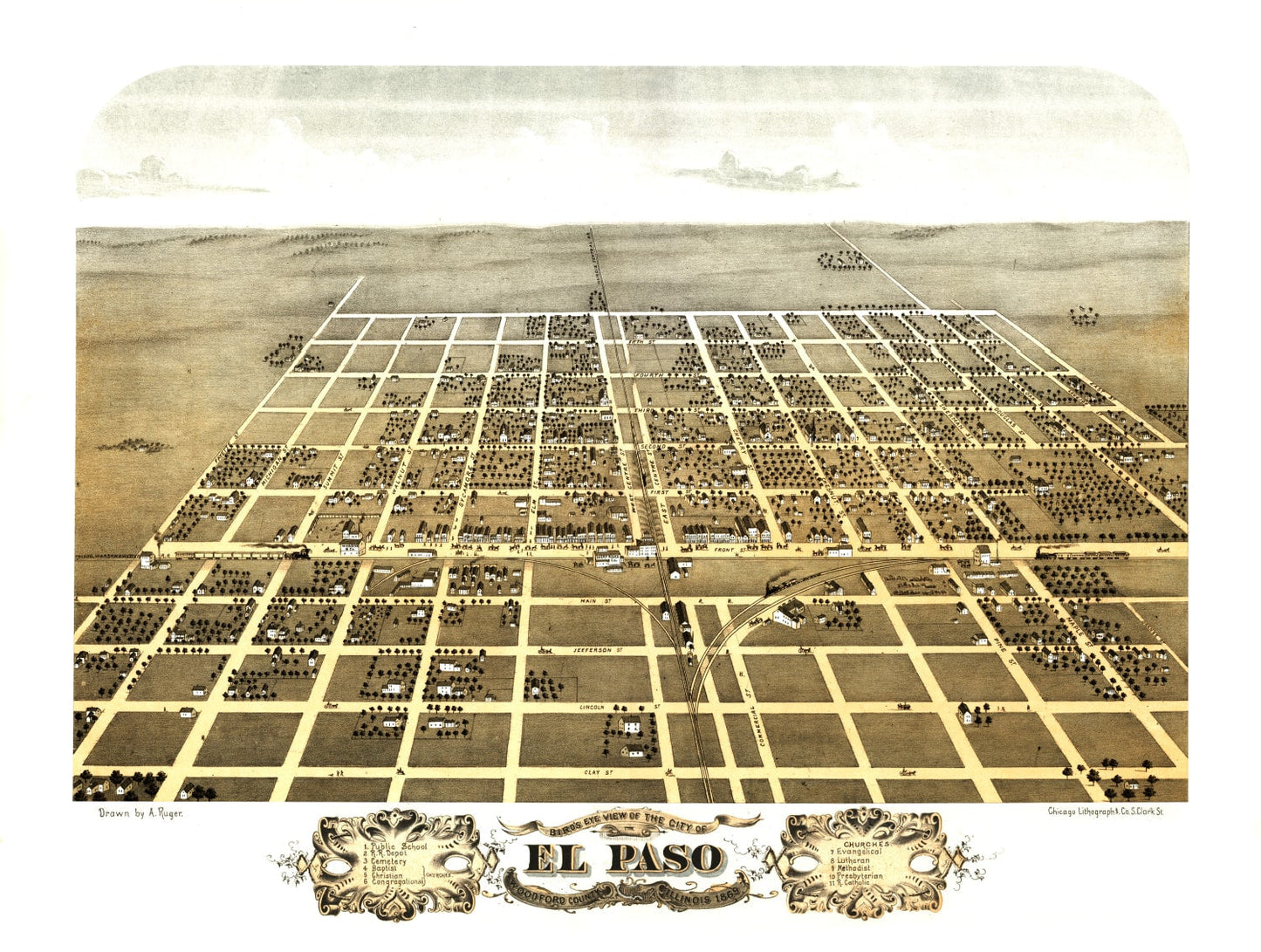 Vintage Map of El Paso, Illinois, 1869