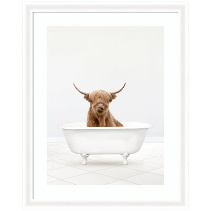 Highland Cow Solo Bathtub by Amy Peterson Framed Wall Art Print