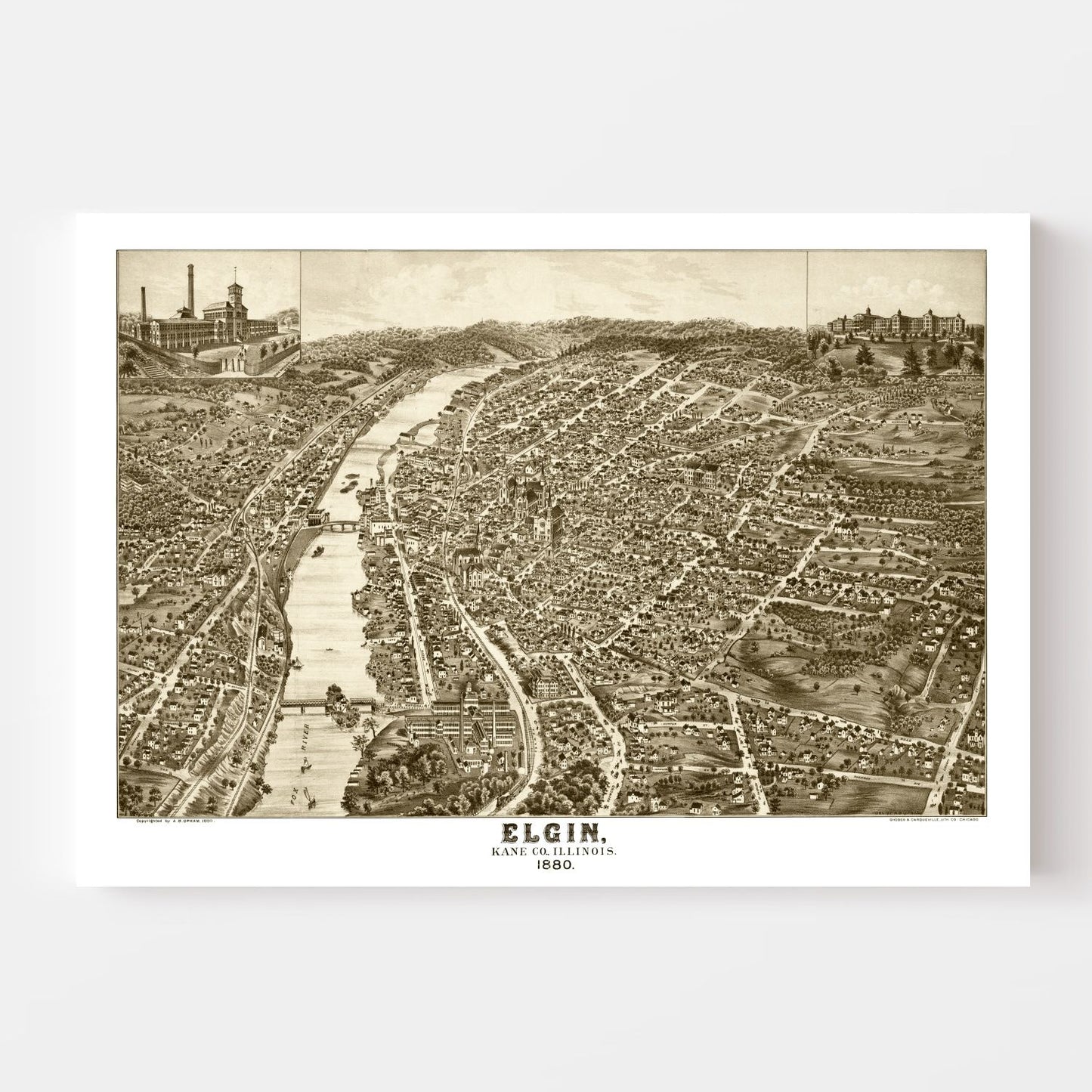 Vintage Map of Elgin, Illinois 1880